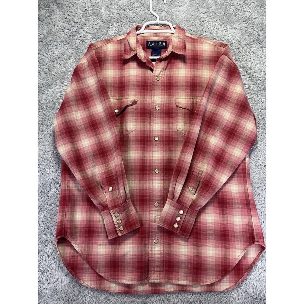Vintage Polo Ralph Lauren RL Western Pearl Snap Plaid Shirt Red Pink‎ Men Medium - Picture 2 of 11
